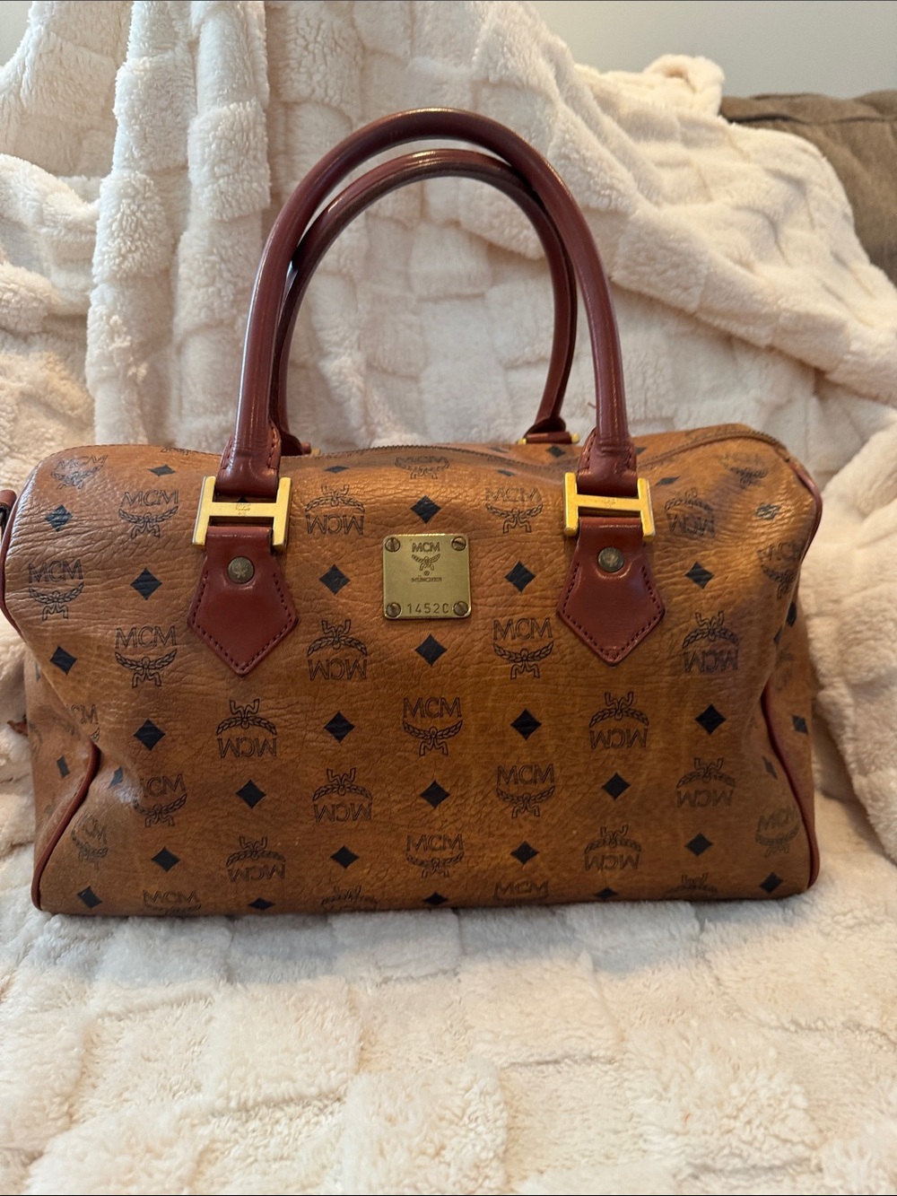 MCM Cognac Monogram Satchel with Dark Brown Handles and Gold Hardware